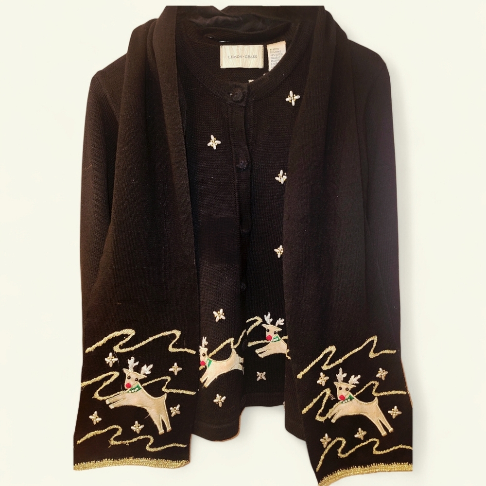 Vintage Lemon Grass "Rudolph" reindeer Cardigan Small Black Detach Scarf - Picture 9 of 16